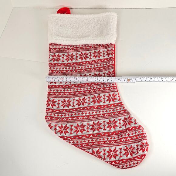 Red Knit Christmas Stocking Nordic Snowflake White Cuff 16” Holiday Decor - Picture 8 of 8